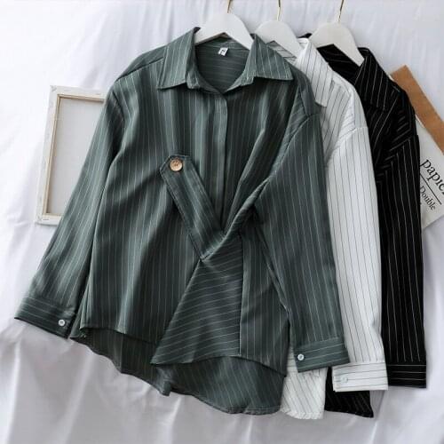Womens Shirt Design Sense Irregular Stripe Loose Long-sleeved Shirt Womens Autumn 2021 Korean Fashion Slim All-match Shirt Top