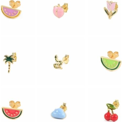 Aide S925 Silver Earrings Summer Cherry Crystal Enamel Colorful Fruit Stud Earrings For Women 2021 Girl Piercing Earrings Joyero