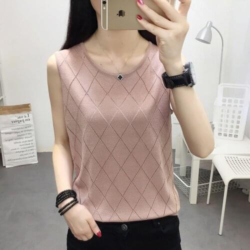2021 Summer New Korean Loose Solid Hollow Sweater Round Neck Sleeveless Crop Top Knitted Tank Tops Waistcoat Vest Women X211