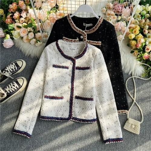 Little fragrance jacket retro tweed short jacket Womens 2021 new temperament round neck loose cardigan button jacket Female