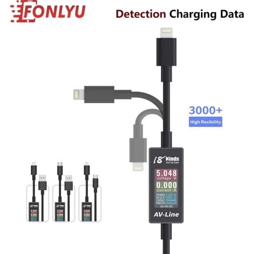 18 Kinds AV-Line USB Charging Current And Voltage Tester Detection Fast Charging Data Cable For iPhone Android Voltage Data Line
