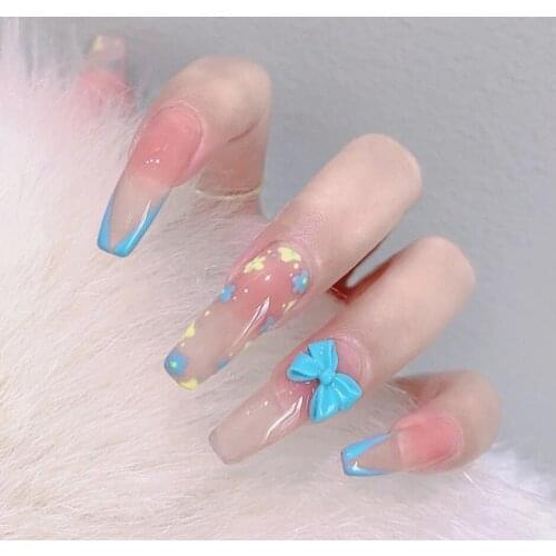 24Pcs/Set Blue Fake Nails Long Coffin Removable Nail Sliders Simple 3D Bow Design ​Accessories Nails Supplies For Professionals