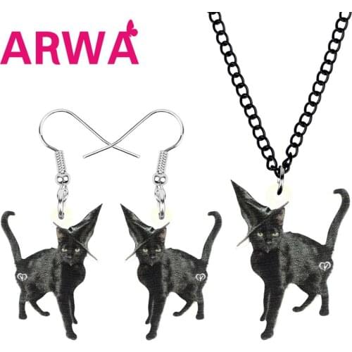 ARWA Acrylic Halloween Black Cat Jewelry Sets Printing Long Cute Animal Necklace Earrings For Women Girls Kids Gift Accessories