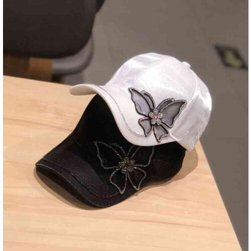2021 Fashion Rhinestone Butterfly Baseball Cap Women Summer Silk Satin Visor Sun Hat Adjustable Female Lady Snapback Caps