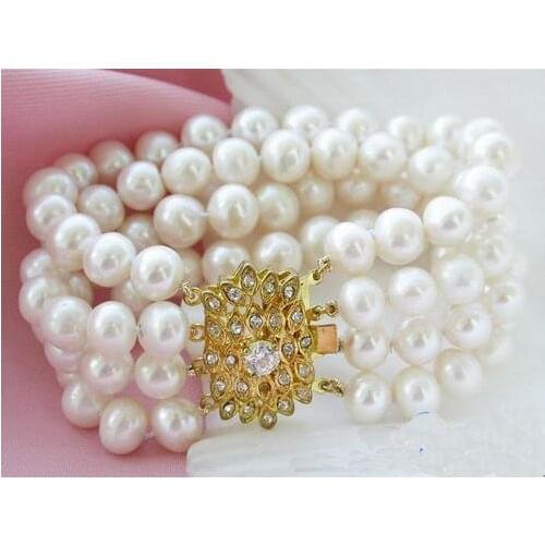 Unique Pearl Bracelet New Fine Jewelry 4 Rows 9mm White Color Round Freshwater Pearl Bracelet Handmade Charming Women Gift