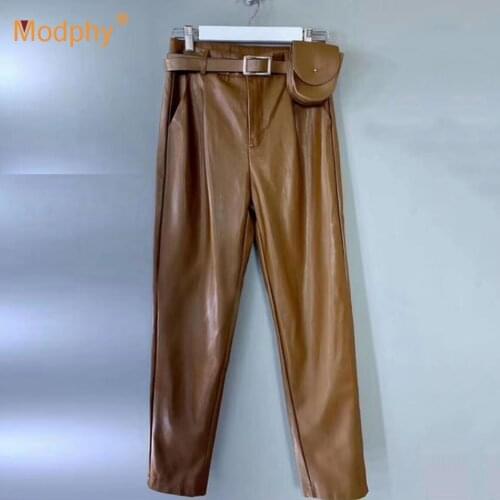 2020 New Fashion Autumn Winter Women High Waist Black Faux Leather Pants Lady PU Pencil Trousers Elegant Belt Pocket Streetwear