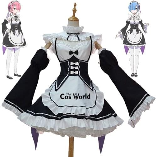 Re Zero Kara Hajimeru Isekai Seikatsu Ramu Remu Lolita Apron Maidservant Maid Restaurant Dress Outfit Anime Cosplay Costume