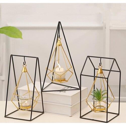 Geometric Creative Metal Candle Holder Iron Candlestick Hanging Ornaments Plants Tray Room Wedding Decorations Gold Candle Stand