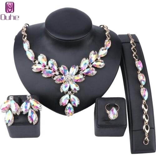 Fashion AB Gem Crystal Choker Necklace For Woman Statement Necklaces Earring Bracelet Ring Collar Boho Jewelry Sets
