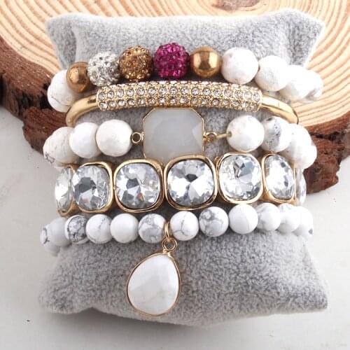 MD Fashion Designer Beaded Bracelet Set Natural Stone Metal Cuff 5pc Bracelets & Bangles Set For Fashion Jewelry