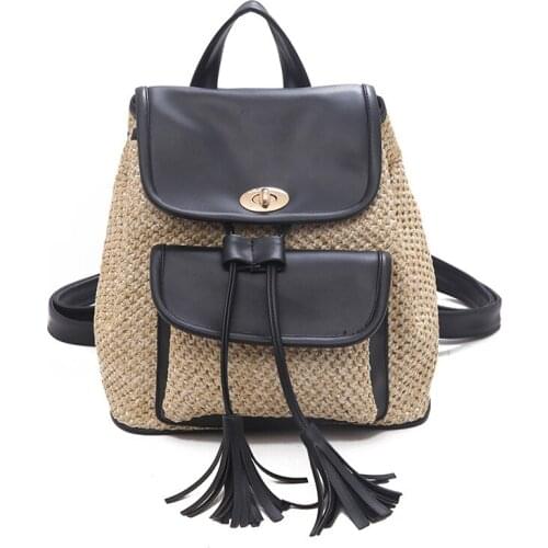 3PCS / LOT Fashion Straw Woven Backpack for Women Summer New Drawstring Tassel Knitting Backpack Girls Travel Daypack Mochilas