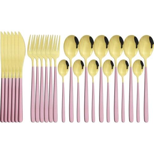 Western 24Pcs Pink Gold Dinnerware Set 18/10 Stainless Steel Cutlery Set Knife Fork Spoon Dinner Set Party Kitchen Tableware Set