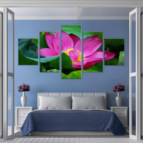 Wall Art 5 Pieces Pink Lotus Flower Painting Water Lily Poster Canvas Print Pictures Living Home Room Decoration