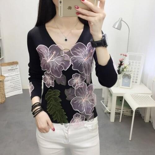 2018 New Fashion Knitted Jumper Sweater Big Floral Pullovers Slim Long Sleeve Women Sweater Female Outerwear Stretch Coats