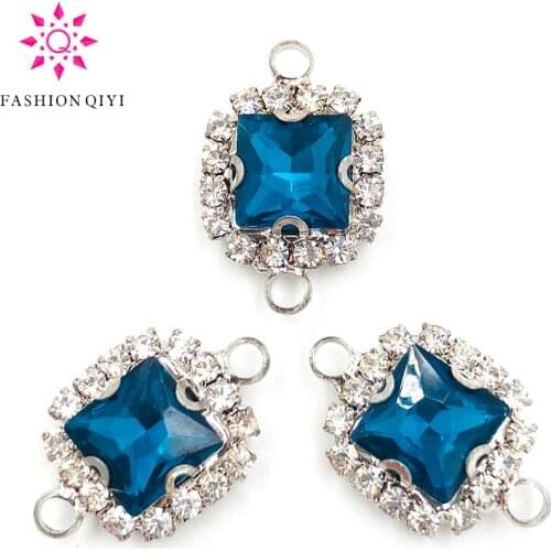 NEW 8mm 10pcs/bag Double loop sew on rhinestones Peacock blue glass crystal square Silver bottom Crystal button DIY accessories