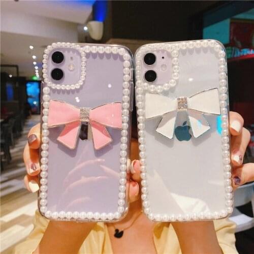 Lovely Cute Bling Diamond Bowknot Pearl Soft Case Cover For Samsung Galaxy Note 20 10 9 8 S21 S20 FE Ultra S10 S9 S8 Plus Funda