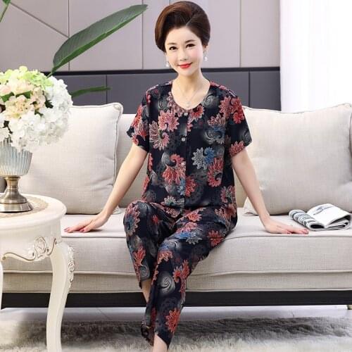 XL-4XL Large Size Home Clothes New Print Cotton Summer Pajamas Women Middle Aged Mother Sleepwear Set 2021 Pyjama Femme Suit