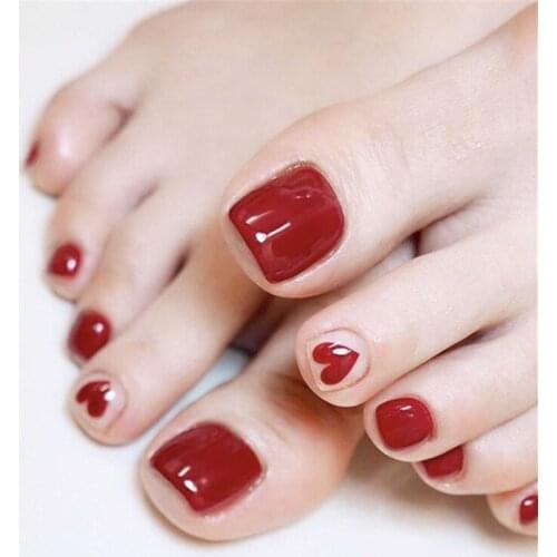 Bright Chinese red pure color with love pattern fake nails Summer cute toe nails lady false nails for toe full nail tips