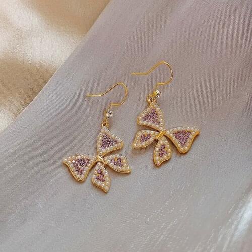 2020 New Korean sweet pearl fashion earrings elegant joker purple crystal butterfly modelling Women Drop earrings Jewelry