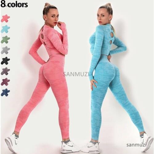 Women seamless gym set long sleeve upper high waist belly control sport leggings gym clothes seamless sport suit sexy girls