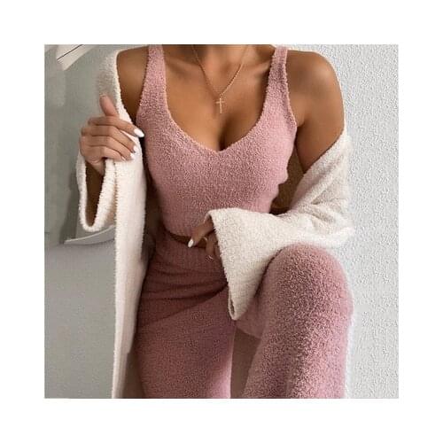 Knitting Sexy 2 Piece Set Women Knitted Sweater Sets Fluffy V Neck Tank Crop Top Pants Set Casual Outfits Home Lounge Wear 2020