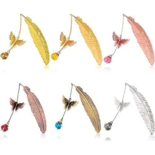 6Pcs Metal Feather Bookmark Reading Markers Feather Metal Bookmark With 3D Butterfly And Colorful Crystal Glass Ball