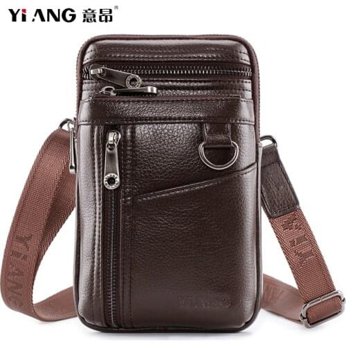 7 Inch Mobile Phone Wallet Punch Case Mens Cowhide Leather Belt Cross Waist Pack Round Hip&Bum Zipper Fanny Bags Casual Travel