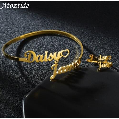 Atoztide New Personalized Custom Double Names Bangle and Ring For Women Stainless Steel Open Heart Bracelet Jewelry Gift Lover