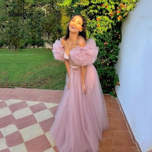 Dusty Pink A-line Tulle Long Formal Event Dresses Sexy Off The Shoulder Illusion Prom Gowns Ruffles Tulle Party Women Dresses