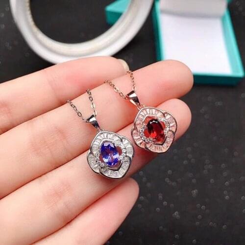 Elegant Silver Gemstone Pendant for Party 4mm*6mm Natural Garnet Tanzanite Pendant Solid 925 Silver Tanzanite Garnet Jewelry