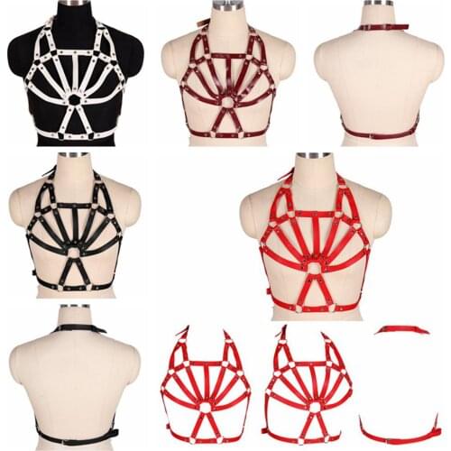 Erotic Fashion Punk Cupless Cage Bra Leather Lingerie Harness Belt Body Bondage Chest Straps Cropped Chest Pastel Gothic Style