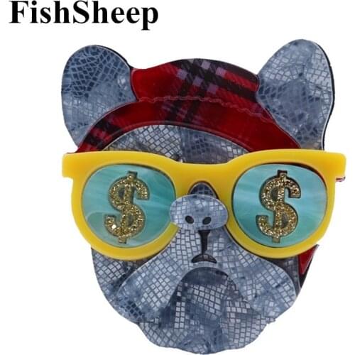 FishSheep New Animal Dog Big Acrylic Brooches For Women Kids Lovely Glasses Dollar Bulldog Brooch Pins Badges Accessories Gifts