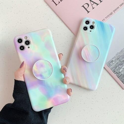 Gradient Glossy Marble Pattern Stand Phone Case for iPhone 11 12 Mini Pro Max XS Max X XR 7 8 Plus Soft IMD Rainbow Holder Case
