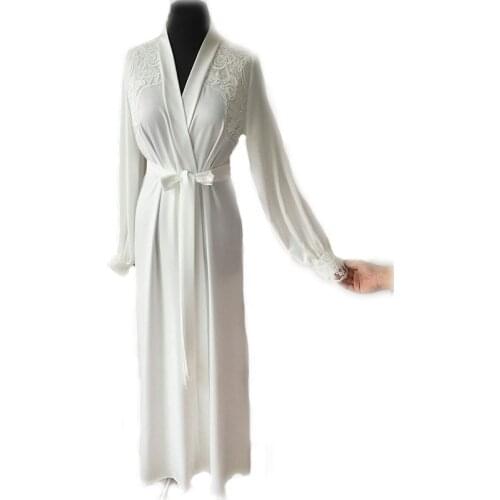 White Women Bathrobe Lingerie Lace Floor Length Robes Long Sleeve Sleepwear Sexy Nightwear Babydoll Robe Dressing Gowns