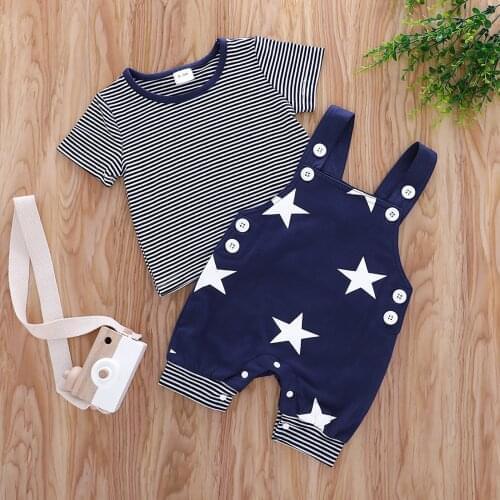 Summer Baby Boy Girl Clothes Set Toddler Kid Baby Boys Summer Striped Tops Star Print Suspenders Suit Newborn Kids Clothing