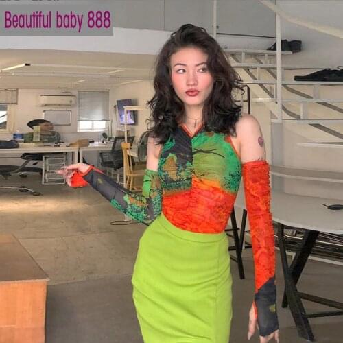 Meqeiss New fashion National wind tie-dye mesh yarn T-shirt for women summer thin crop top high quality Sleeve design tees mujer