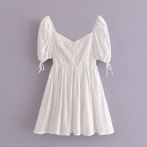 2021 Summer Autumn Puff Sleeve Sleeve V-neck Embroidery Backless A-line Mini Dress