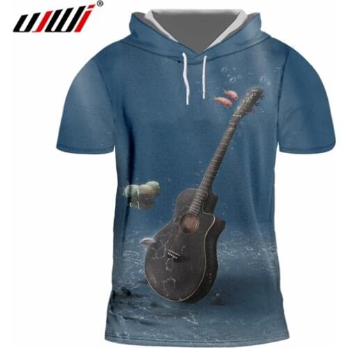 UJWI Man Punk Rock Hooded Tshirt 3D Printed Marine Guitar Tee Shirt Big Size Harajuku Mens Streetwear Free Shipping