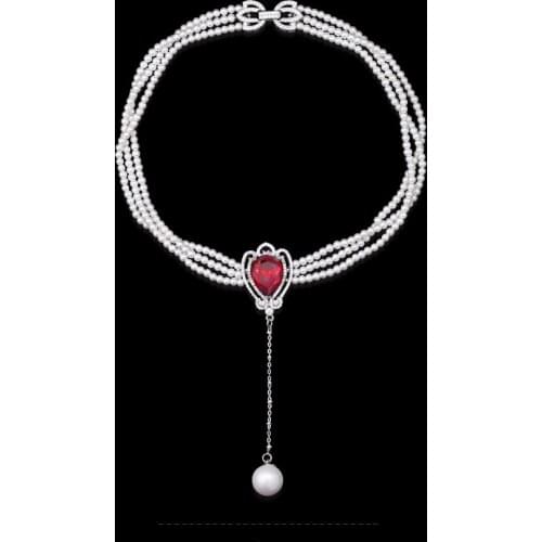 15" 3 Rows White Pearl Necklace Cz Pave Pendant