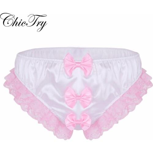 Sexy Male Mens Lingerie Shiny Ruffles Floral Lace Three Big Bows Sissy Stretchy Briefs Underwear Thongs Floral Bowknot Panties