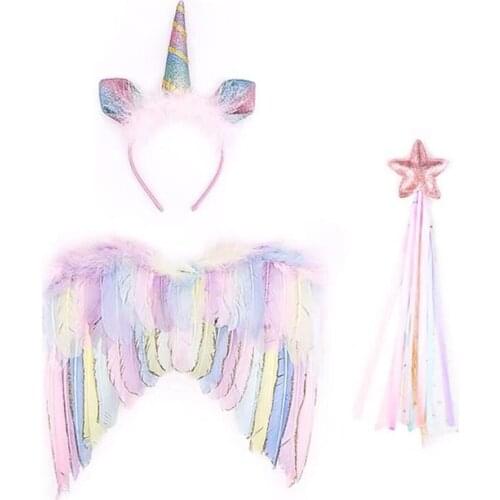Princess Girls Unicorn Cosplay Sets Rainbow Color Headband Wings Fairy Magic Wand Children Masquerade Party Costume Stage Sets