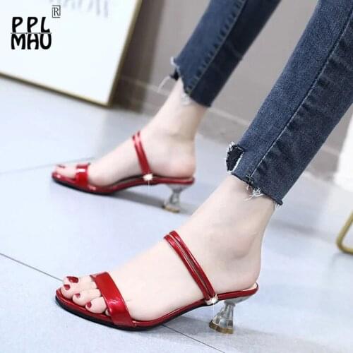 Sexy Red Outer Wear Slides Women 2021 New Crystal High Heels Korean Style Open Toes Non-Slip Slippers Summer Wedding Shoes