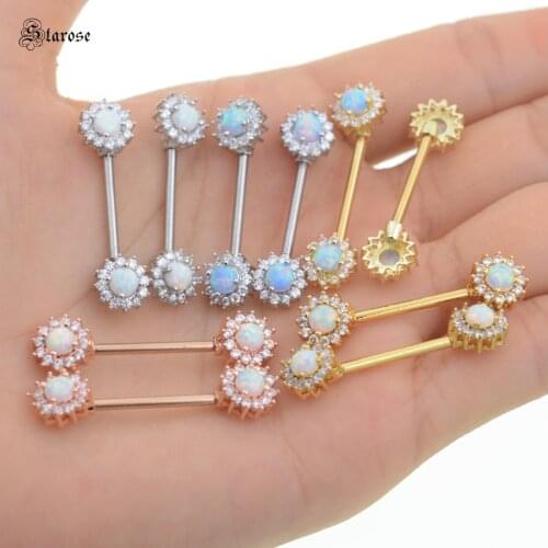 Starose 2pcs 14G White Blue Opal Nipple Piercing Nipple Ring Crystal Flower Earring Tongue Piercing Gold Color Sexy Body Jewelry