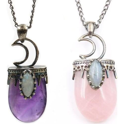 Vintage Necklace Women Men Antique Silver Color Natural Stone Pendants Long Chain Necklace Crown Half Moon Healing Jewelry Gifts