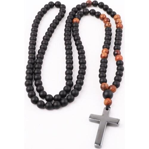 High Quality New Design Natural Stone Matte Onyx Beads Hematite Cross Charm Pendant Necklace For Men