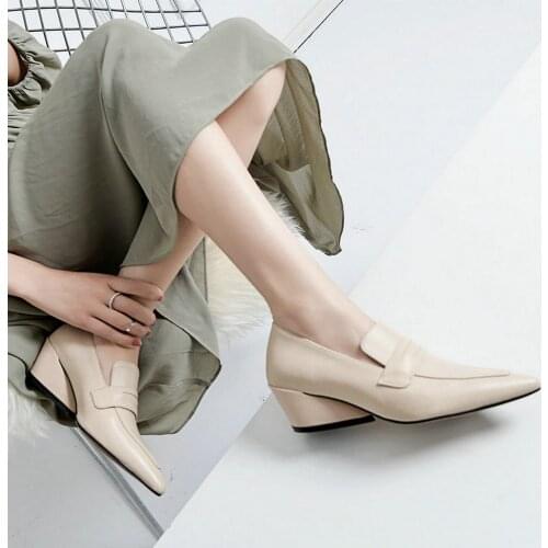 EshtonShero Womens Shoes Woman Pumps Platform Cow Leather+PU Med Heels Brown Slip On Pointed Toe Ladies Wedding Shoes Size 3-12