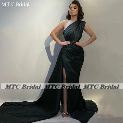Long Mermaid One Shoulder Black Prom Dresses With Slit 2021 Elegant Pleats Satin Women Occasion Formal Gowns Custom Made