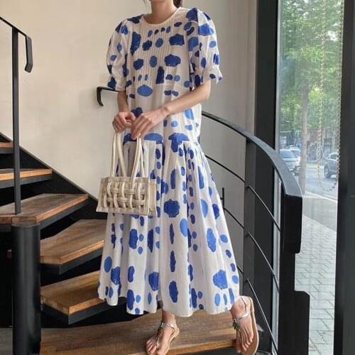 Fashion Print woman dress O Neck High Waist Casual holiday dresses for women Short Sleeves Loose Fit long vestidos 2021