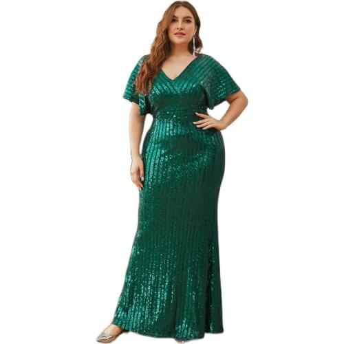Evening Dress Green Sequins Elegant New Short Sleeves Mermaid V-Neck Zipper Back Floor-Length Plus Size Women Formal Gowns D1030