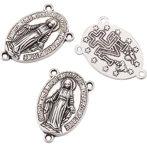 Pandahall 20pcs Alloy Oval Virgin Mary Chandelier Links Rosary Center Pieces for Holy Necklace Making 23x14.5x3mm Hole: 1mm